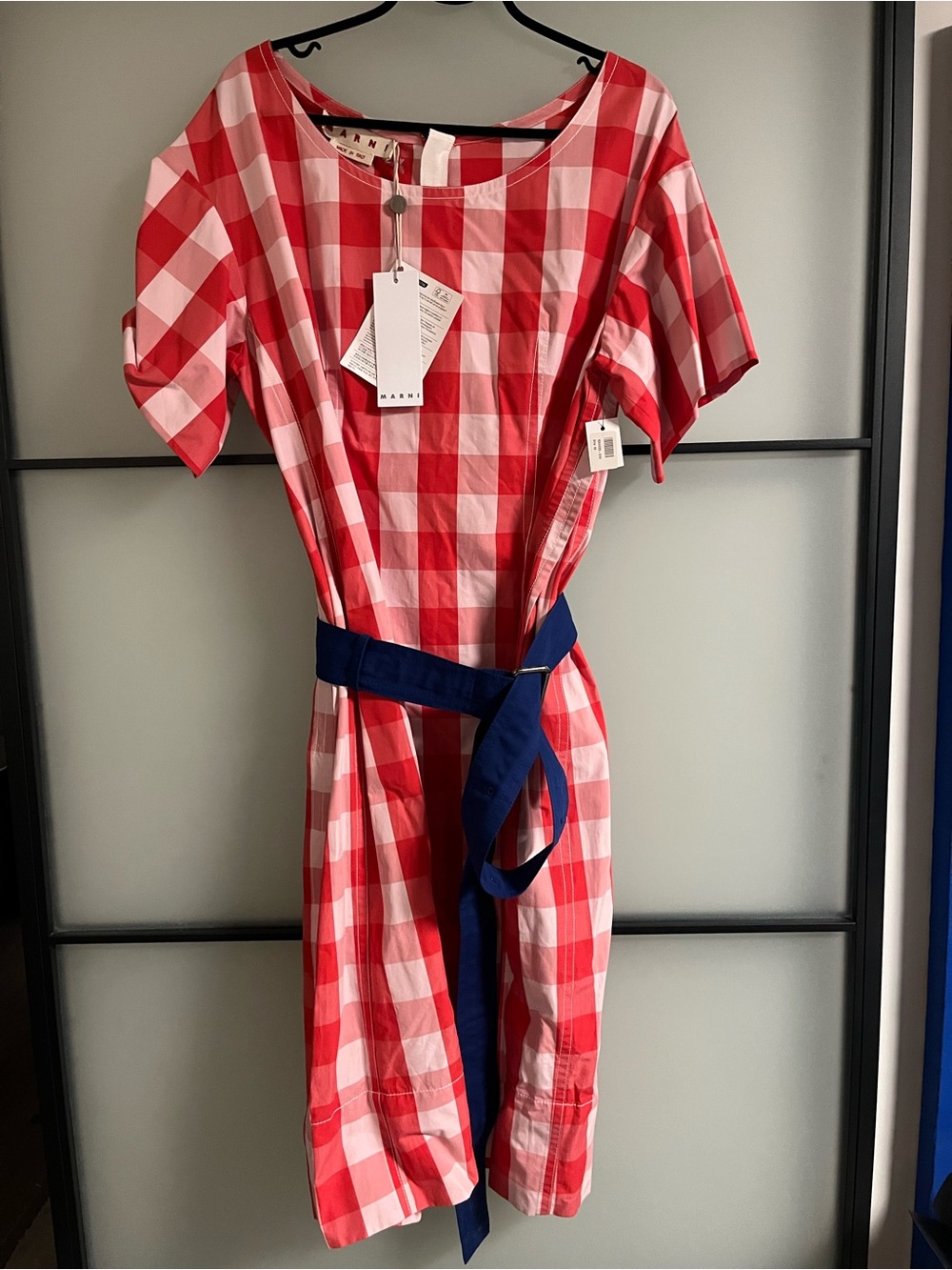 ❤️ MARNI Red & White Check Midi Dress w/ Ultramarine Belt – Size 46 (NWT) 🇮🇹
